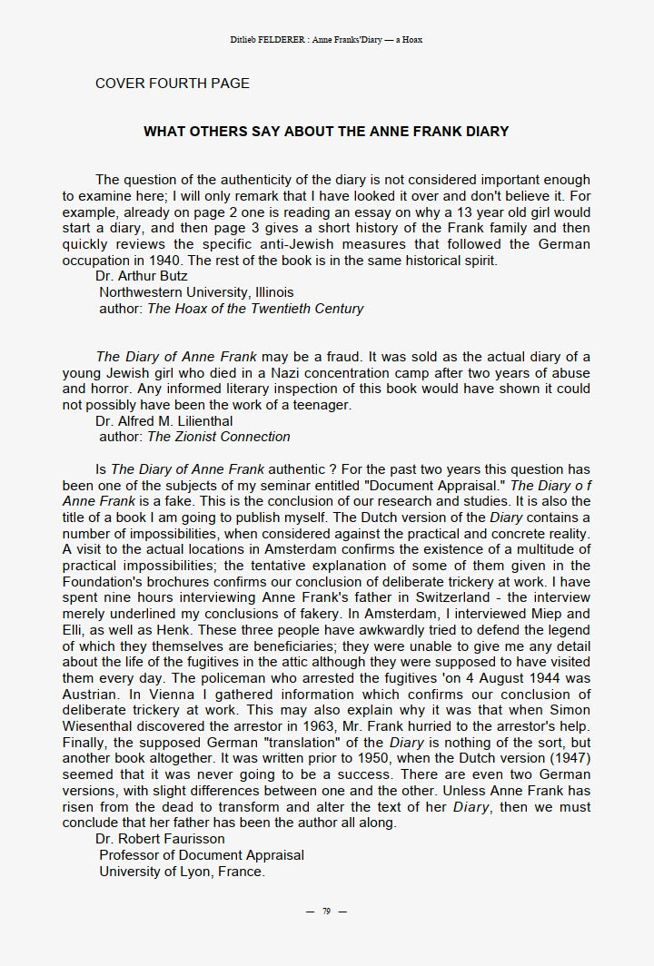 Anne Frank's Diary - A Hoax by Ditlieb Felderer