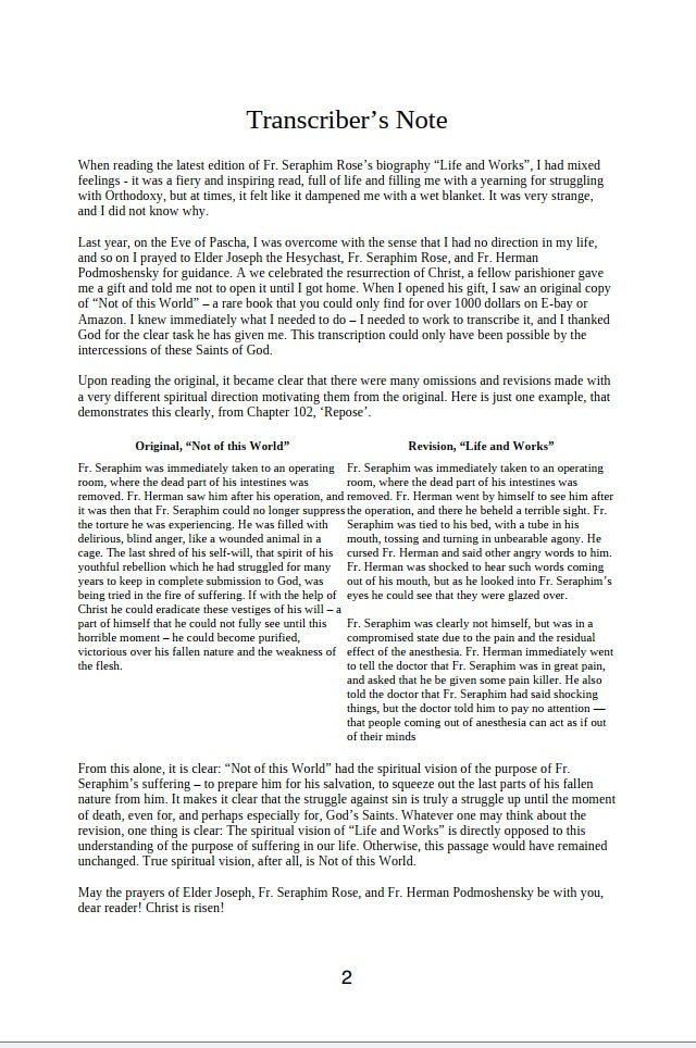 Not of This World: The Life and Teaching of Fr. Seraphim Rose