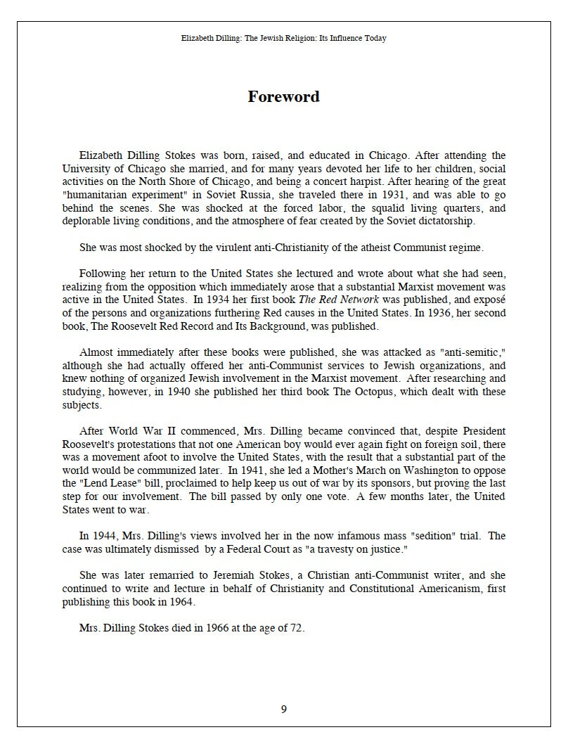 The Jewish Religion: Its Influence Today by Elizabeth Dilling