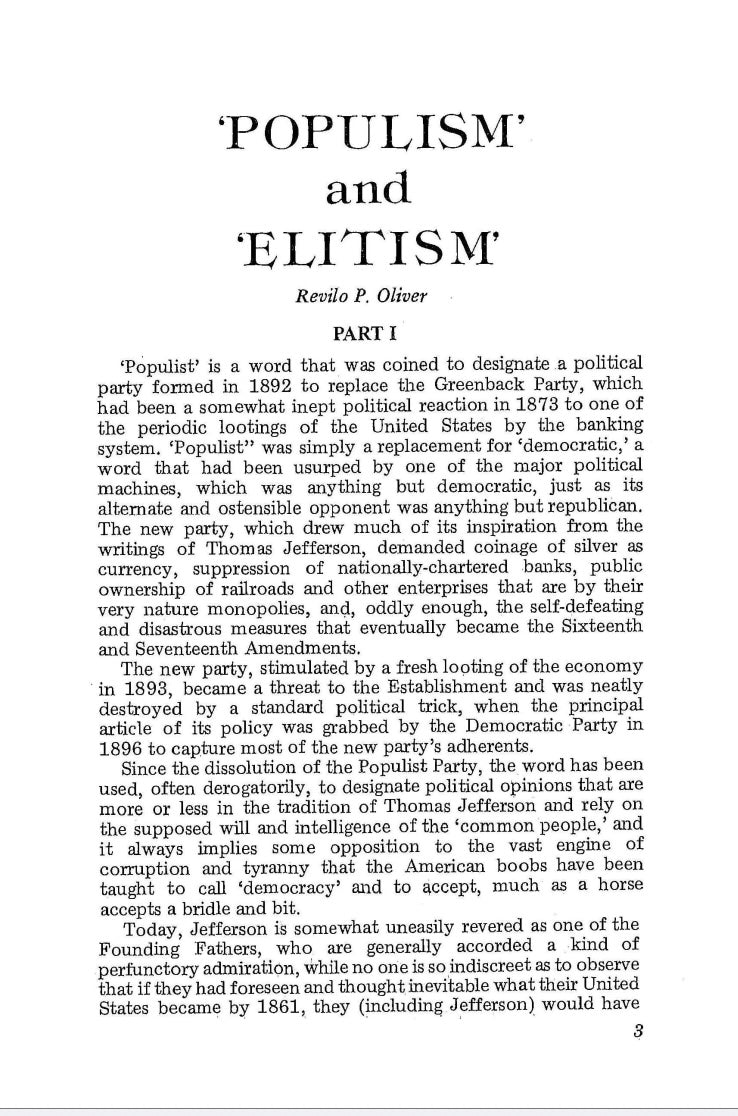 Populism and Elitism by Revilo Oliver