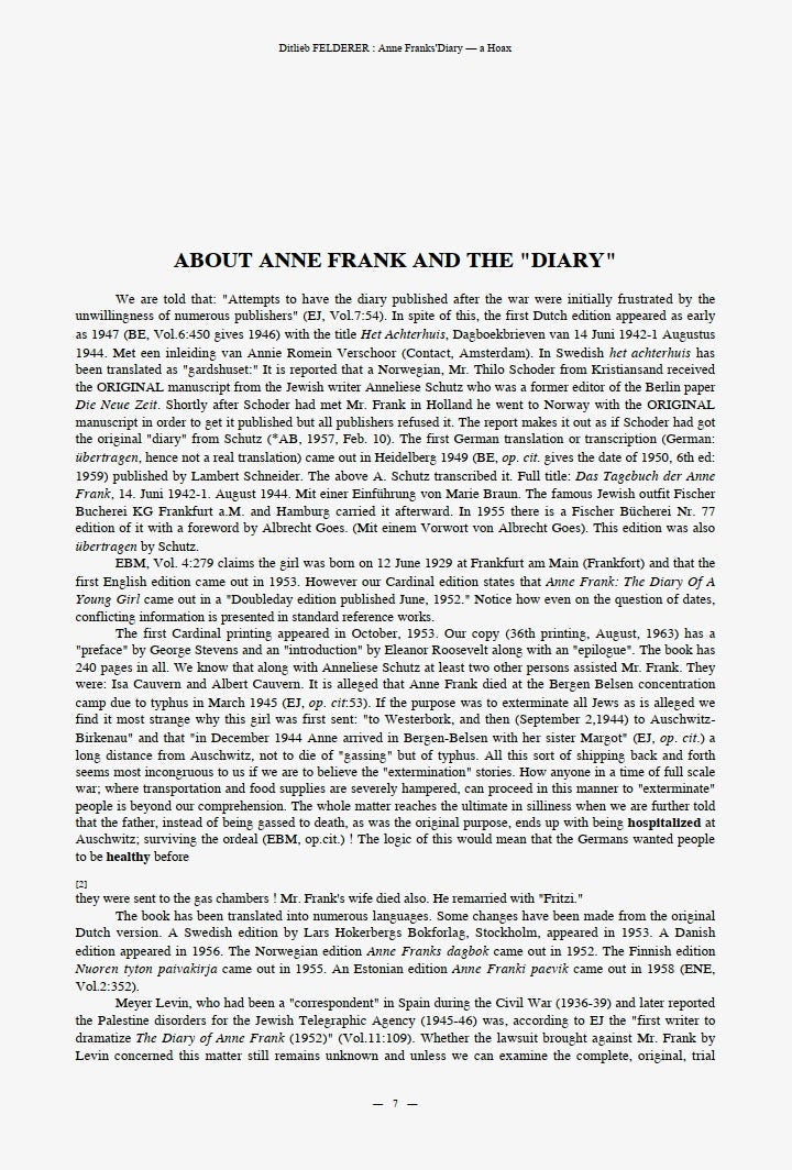 Anne Frank's Diary - A Hoax by Ditlieb Felderer