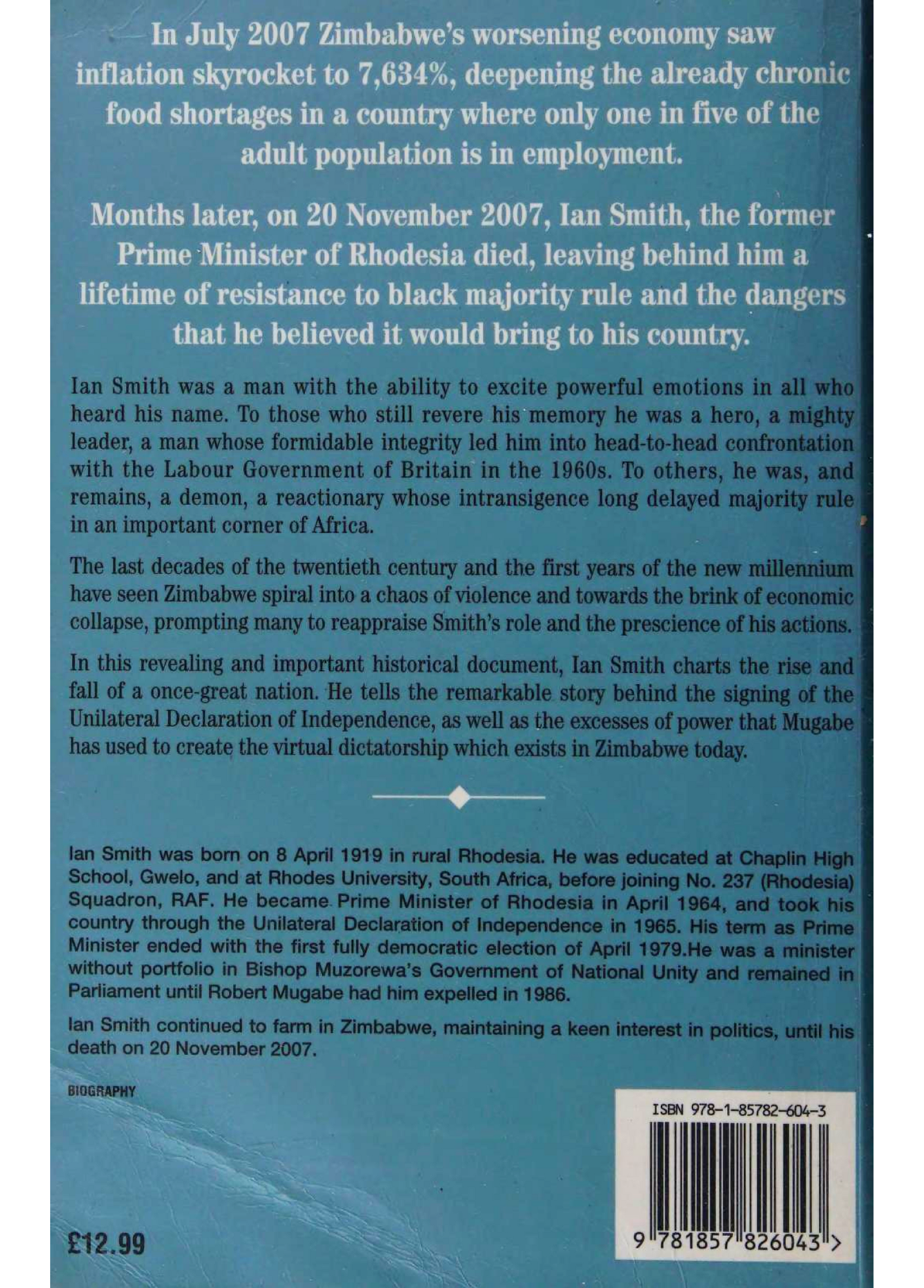 Bitter Harvest: Zimbabwe and Aftermath of Independence by Ian Smith