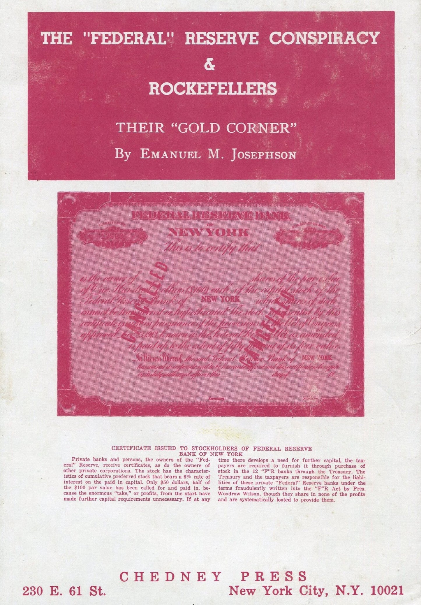 "Federal" Reserve Conspiracy & Rockefellers - Their "Gold Corner" by Emanuel Josephson