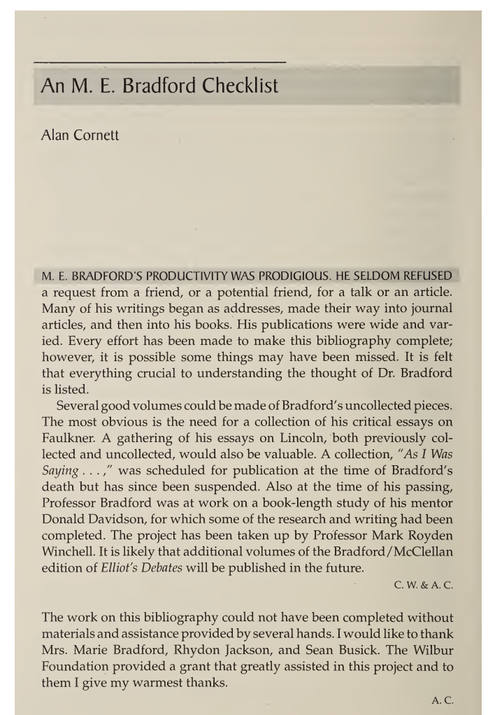 A Defender of Southern Conservatism: M.E. Bradford and His Achievements, edited by Clyde N. Wilson