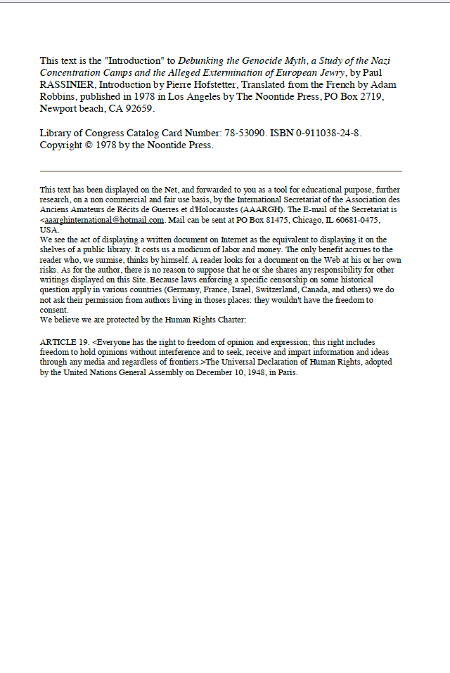 Debunking the Genocide Myth by Paul Rassinier