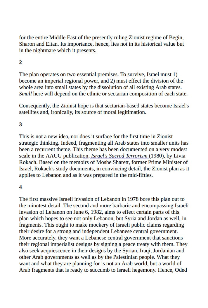 Zionist Plan for the Middle East: A Strategy for Israel in the Nineteen Eighties by Oded Yinon, Israel Shahak (editor and translator)