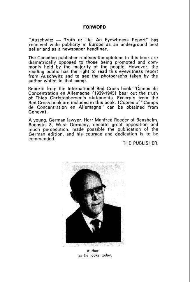 AUSCHWITZ: Truth or Lie [an eyewitness report] by Thies Christophersen