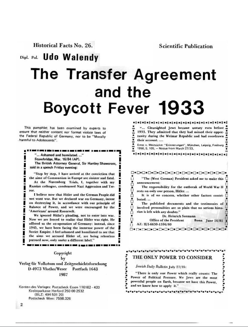 The Transfer Agreement and the Boycott Fever 1933 by Udo Walendy
