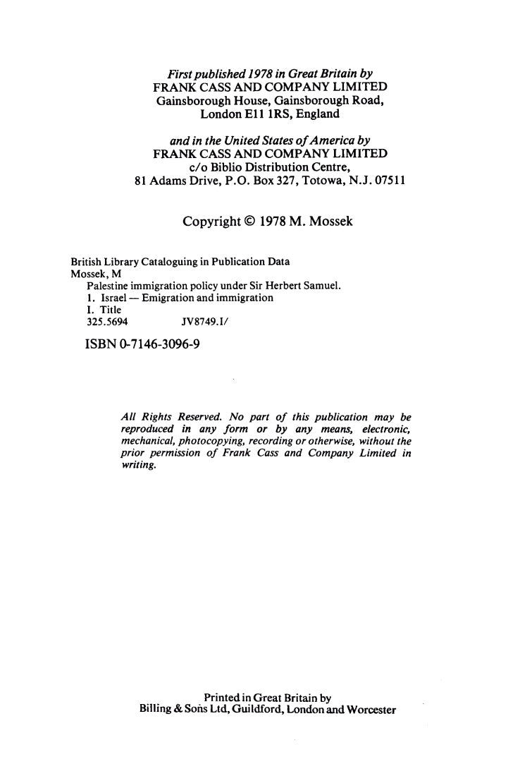 Palestine Immigration Policy under Sir Herbert Samuel by M. Mossek