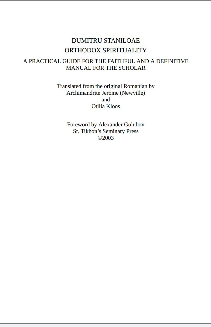 Orthodox Spirituality by Dumitru Staniloae