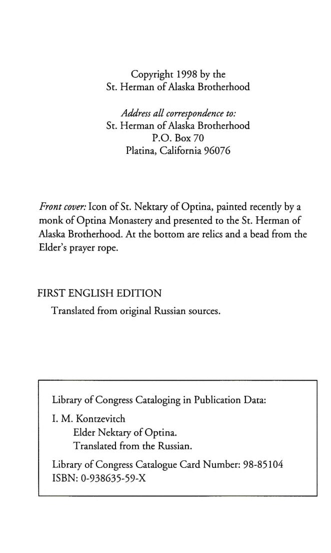 Elder Nektary of Optina by I. M. Kontzevitch