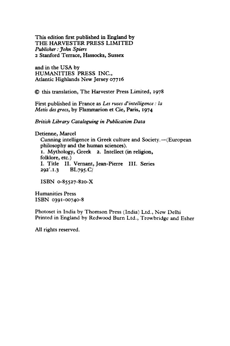 Cunning Intelligence in Greek Culture and Society by Marcel Detienne & Jean-Pierre Vernant